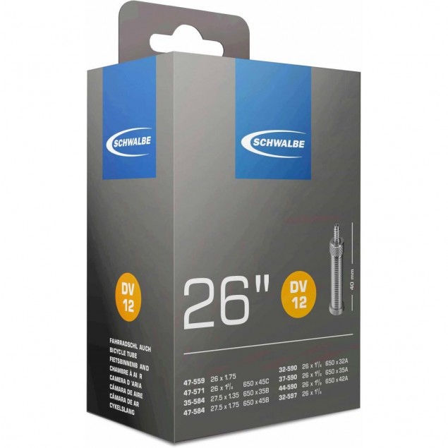 Schwalbe binnenband DV12 26 x 1 1/4 - 27.5 x 1.75 hv 40mm Schwalbe binnenband DV12 26 x 1 1/4 - 27.5 x 1.75 hv 40mm